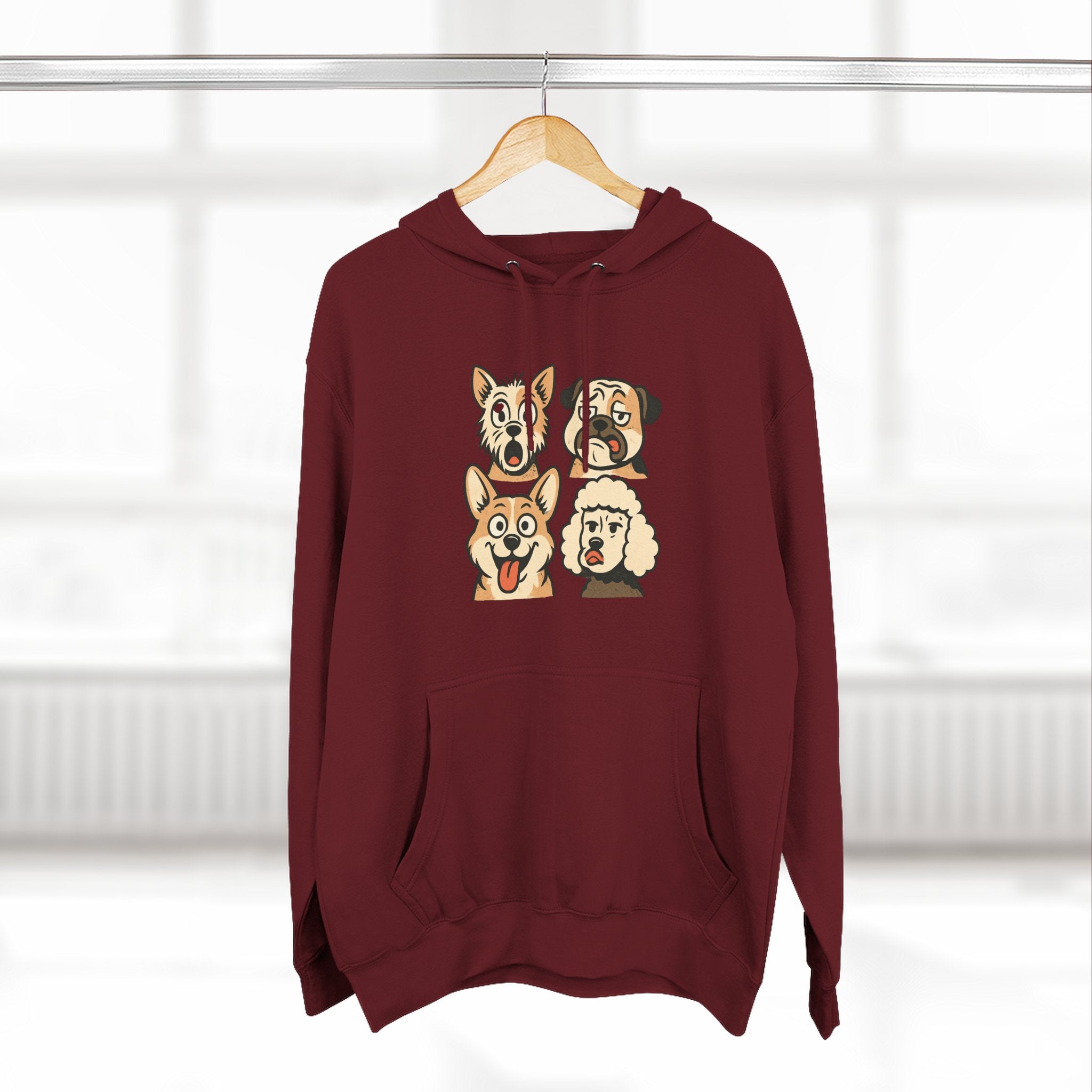 Dog Faces Fleece Hoodie - Cute Cartoon Canine Portraits Pullover