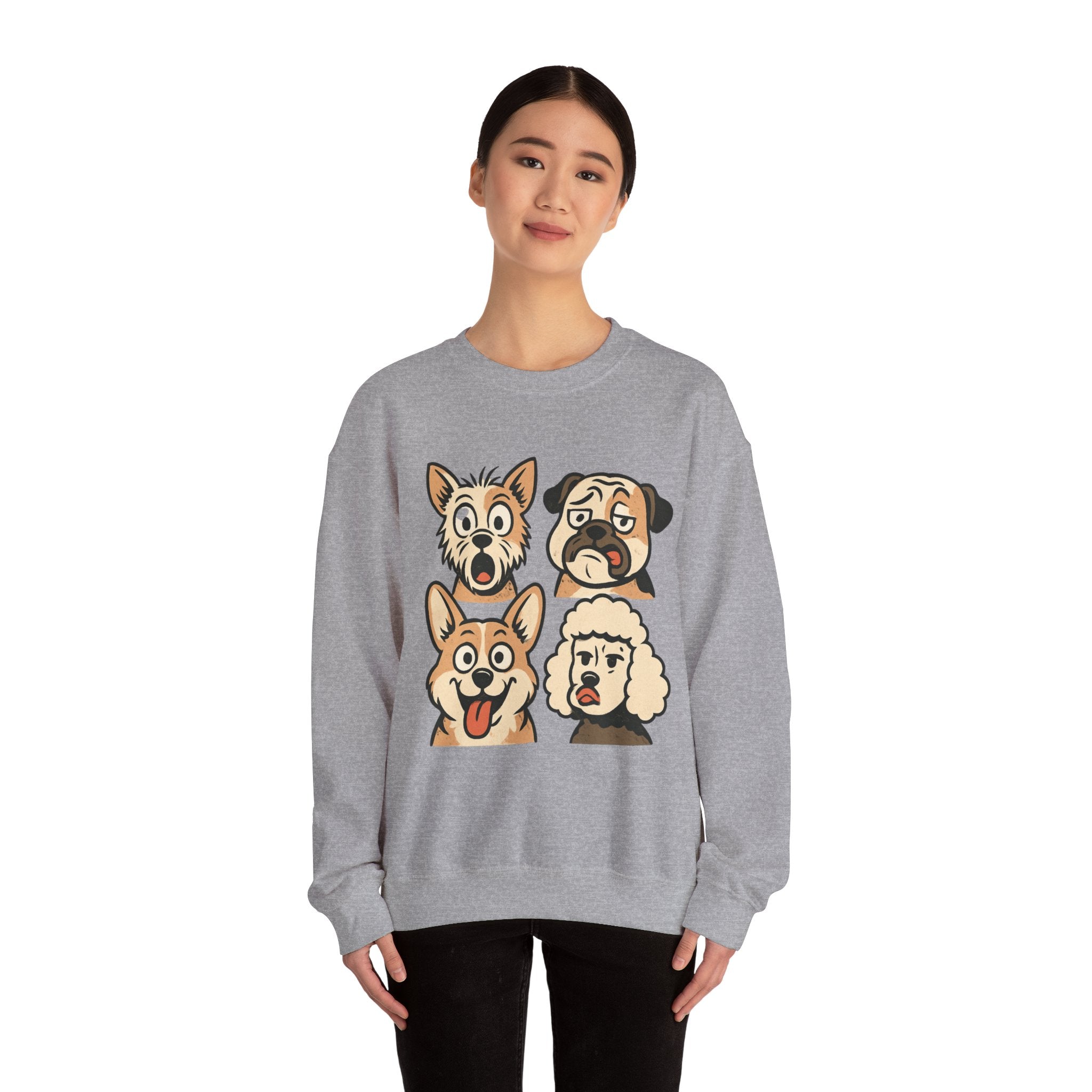 Dog Faces Crewneck Sweatshirt - Cute Cartoon Pug, Corgi & Poodle Graphic