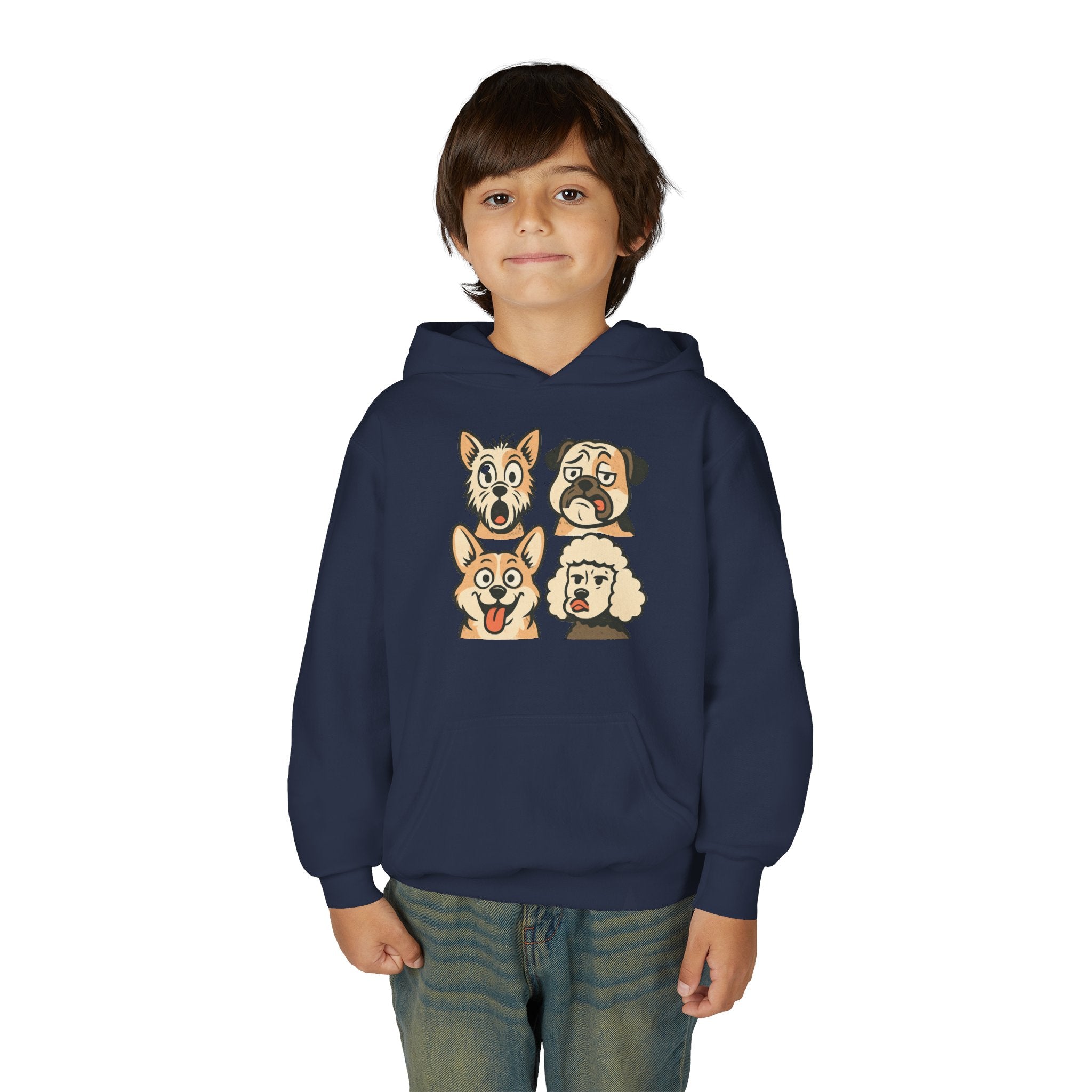 Youth Dog Faces Hoodie — Cute Cartoon Paw Print Pullover for Kids