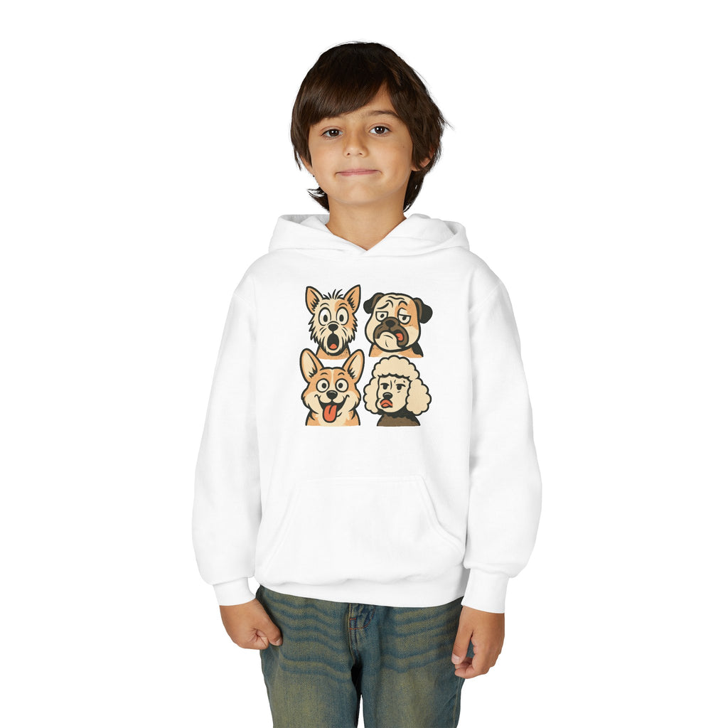 Youth Dog Faces Hoodie — Cute Cartoon Paw Print Pullover for Kids