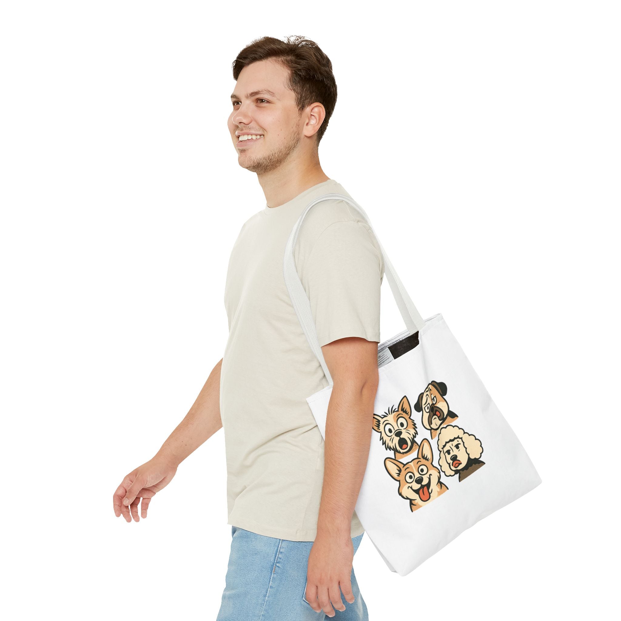 Dog Faces Tote Bag — Cute Cartoon Pug, Corgi, Poodle & Terrier Graphic Tote