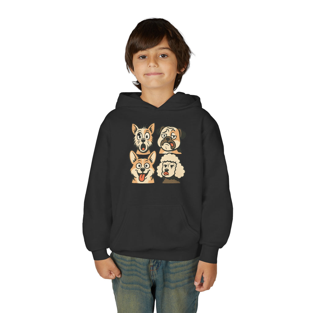 Youth Dog Faces Hoodie — Cute Cartoon Paw Print Pullover for Kids