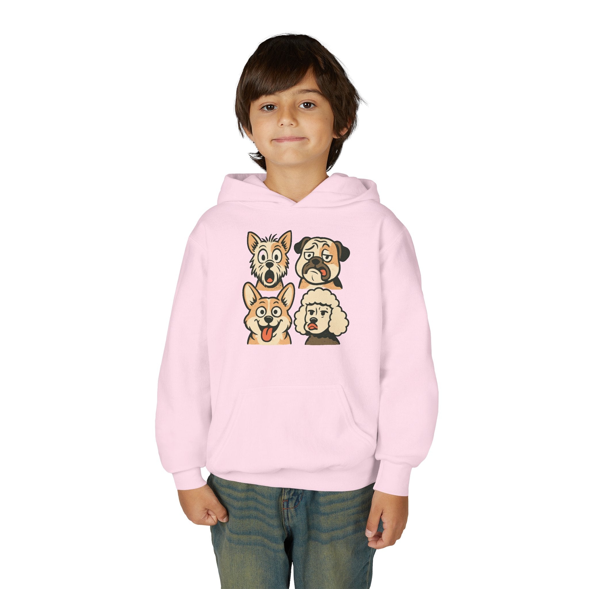 Youth Dog Faces Hoodie — Cute Cartoon Paw Print Pullover for Kids