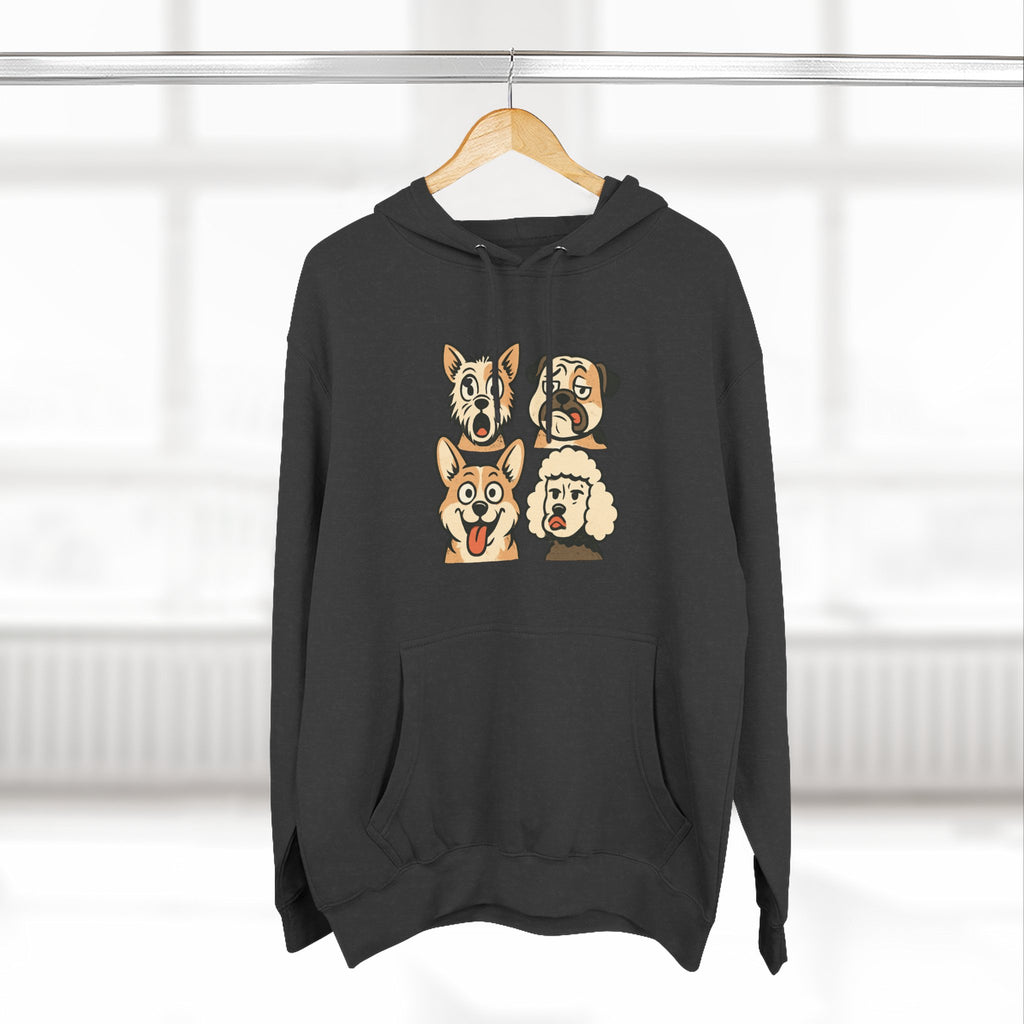 Dog Faces Fleece Hoodie - Cute Cartoon Canine Portraits Pullover