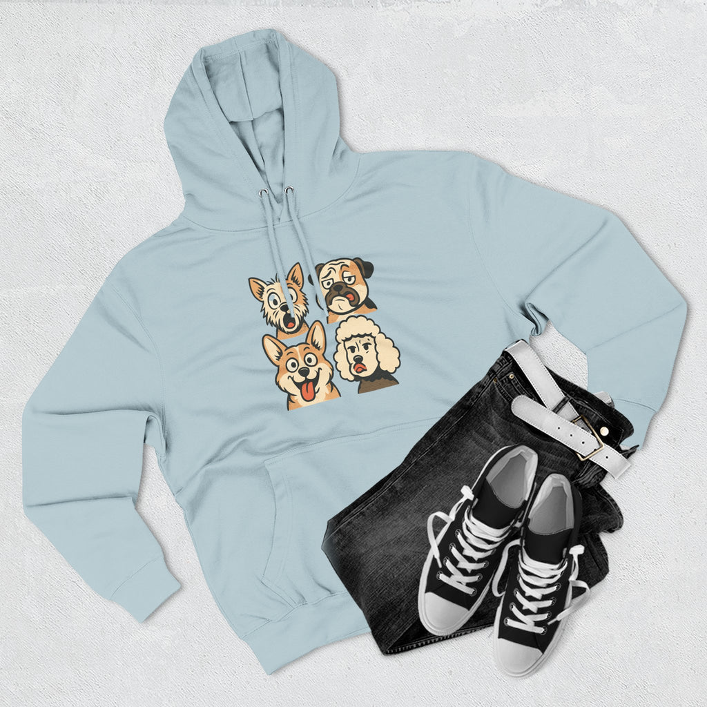 Dog Faces Fleece Hoodie - Cute Cartoon Canine Portraits Pullover