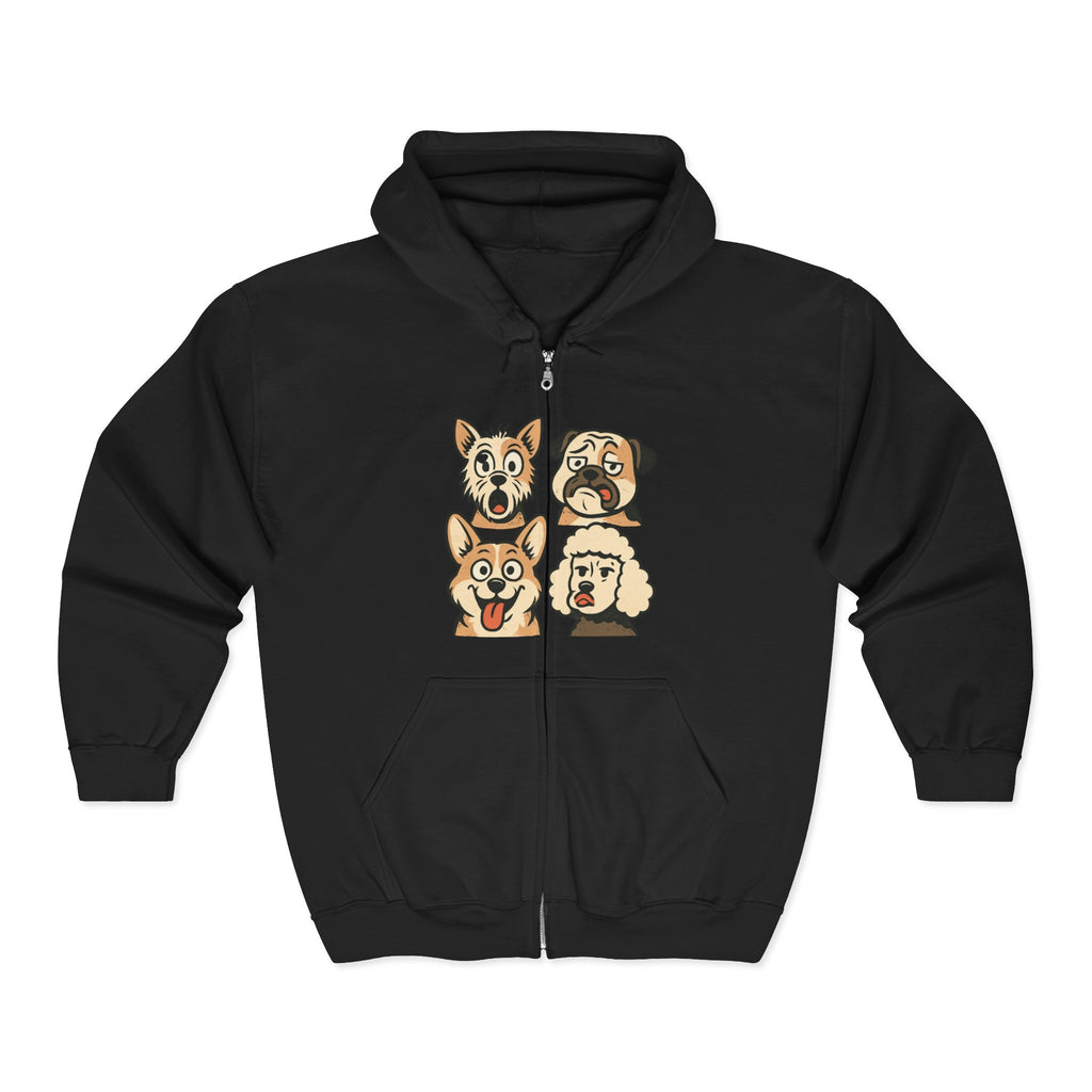 Cute Dog Faces Full-Zip Hoodie — Cartoon Husky, Pug, Corgi & Poodle Zip-Up Sweatshirt