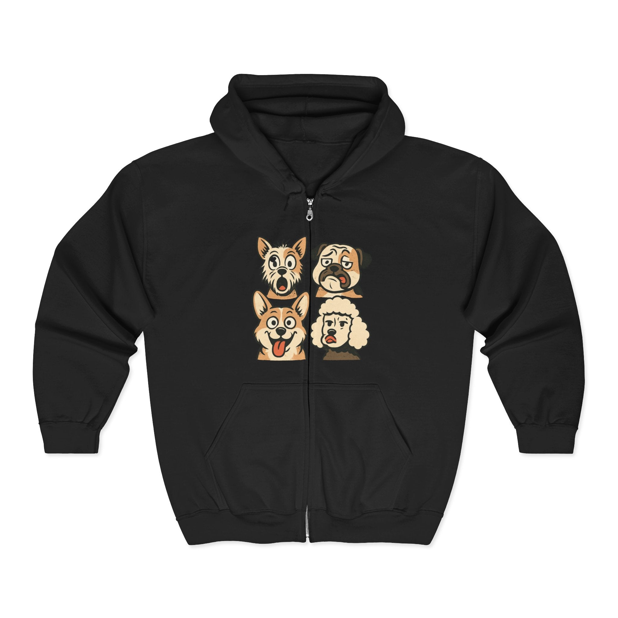 Cute Dog Faces Full-Zip Hoodie — Cartoon Husky, Pug, Corgi & Poodle Zip-Up Sweatshirt