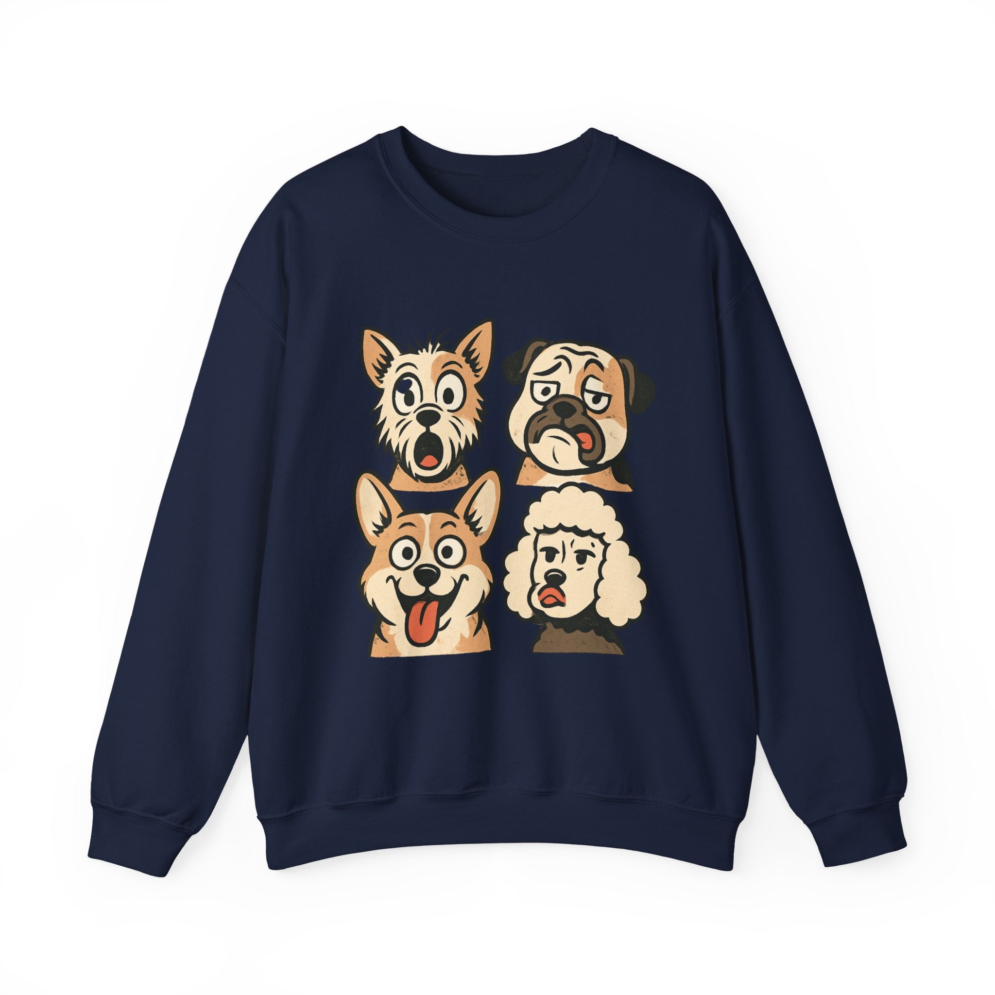 Dog Faces Crewneck Sweatshirt - Cute Cartoon Pug, Corgi & Poodle Graphic