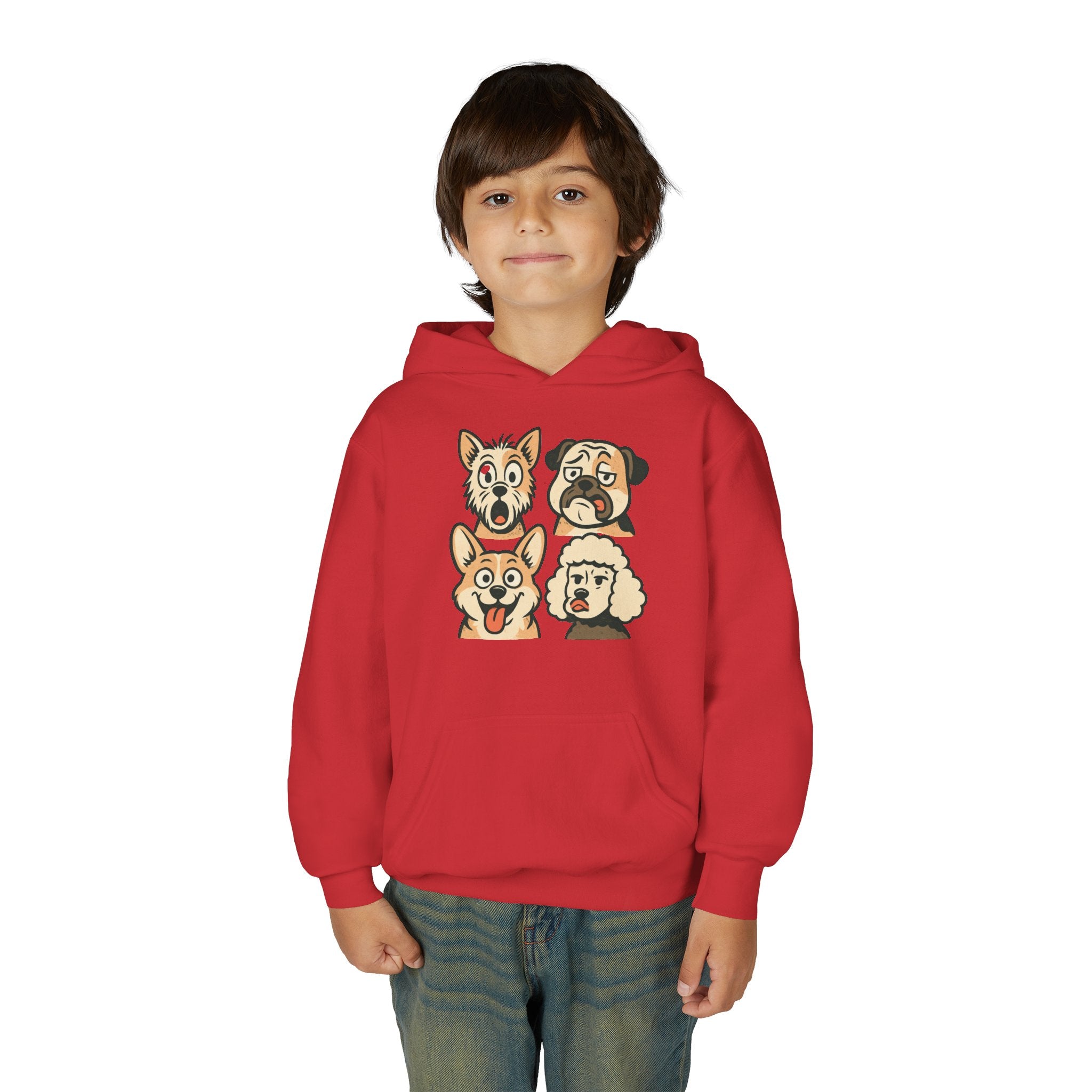 Youth Dog Faces Hoodie — Cute Cartoon Paw Print Pullover for Kids