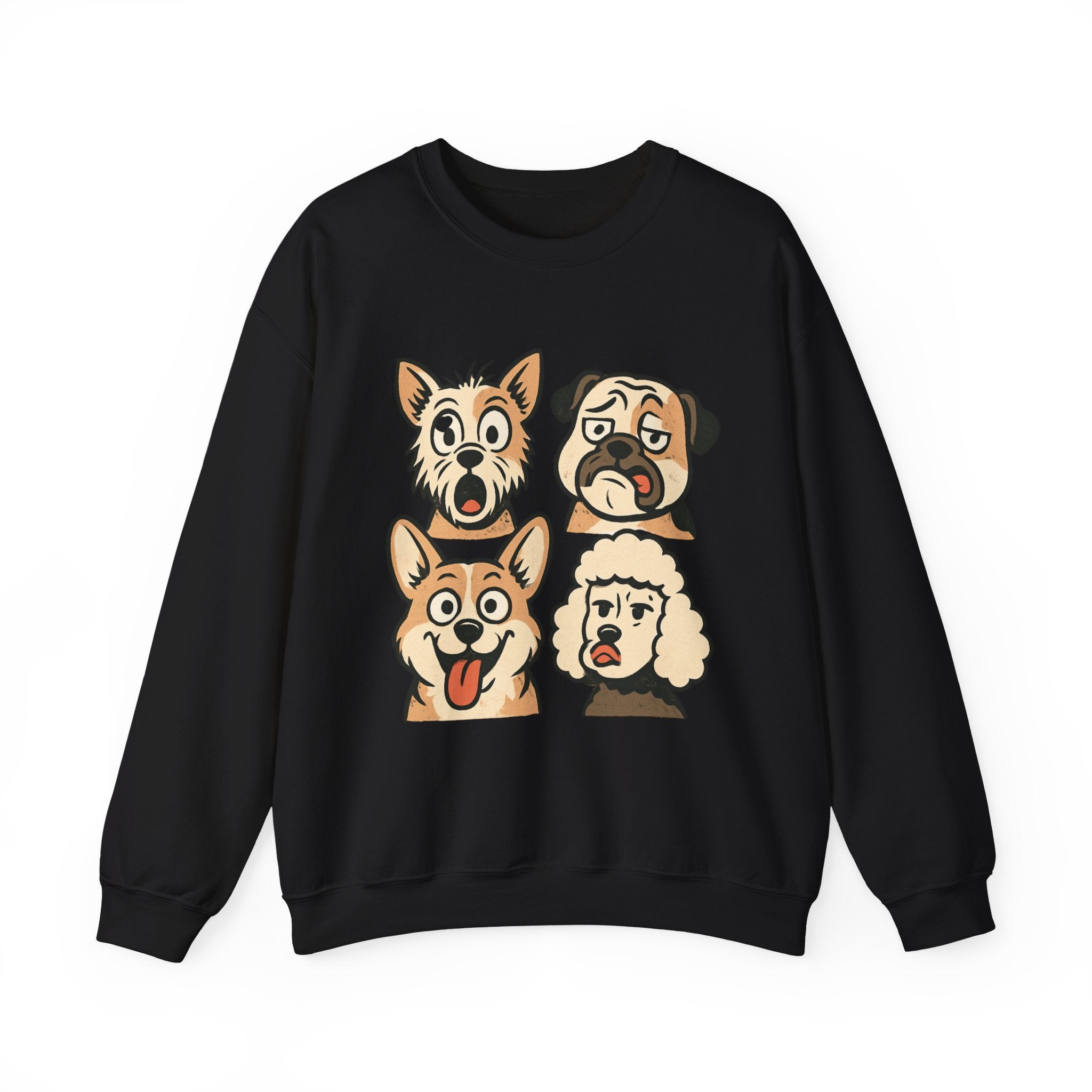 Dog Faces Crewneck Sweatshirt - Cute Cartoon Pug, Corgi & Poodle Graphic
