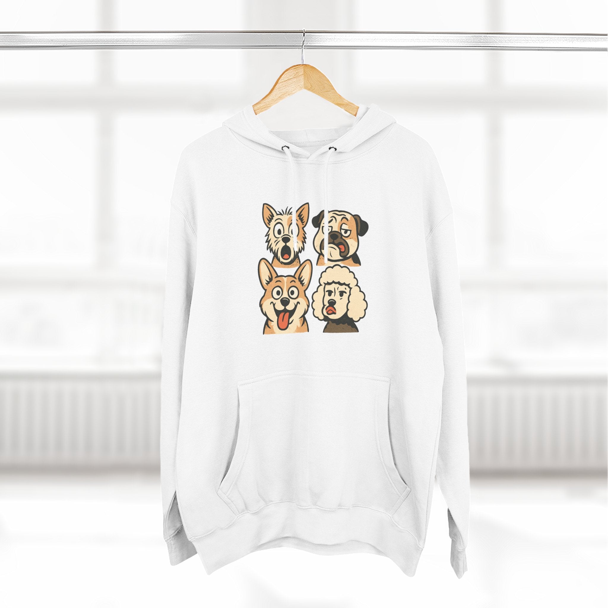 Dog Faces Fleece Hoodie - Cute Cartoon Canine Portraits Pullover