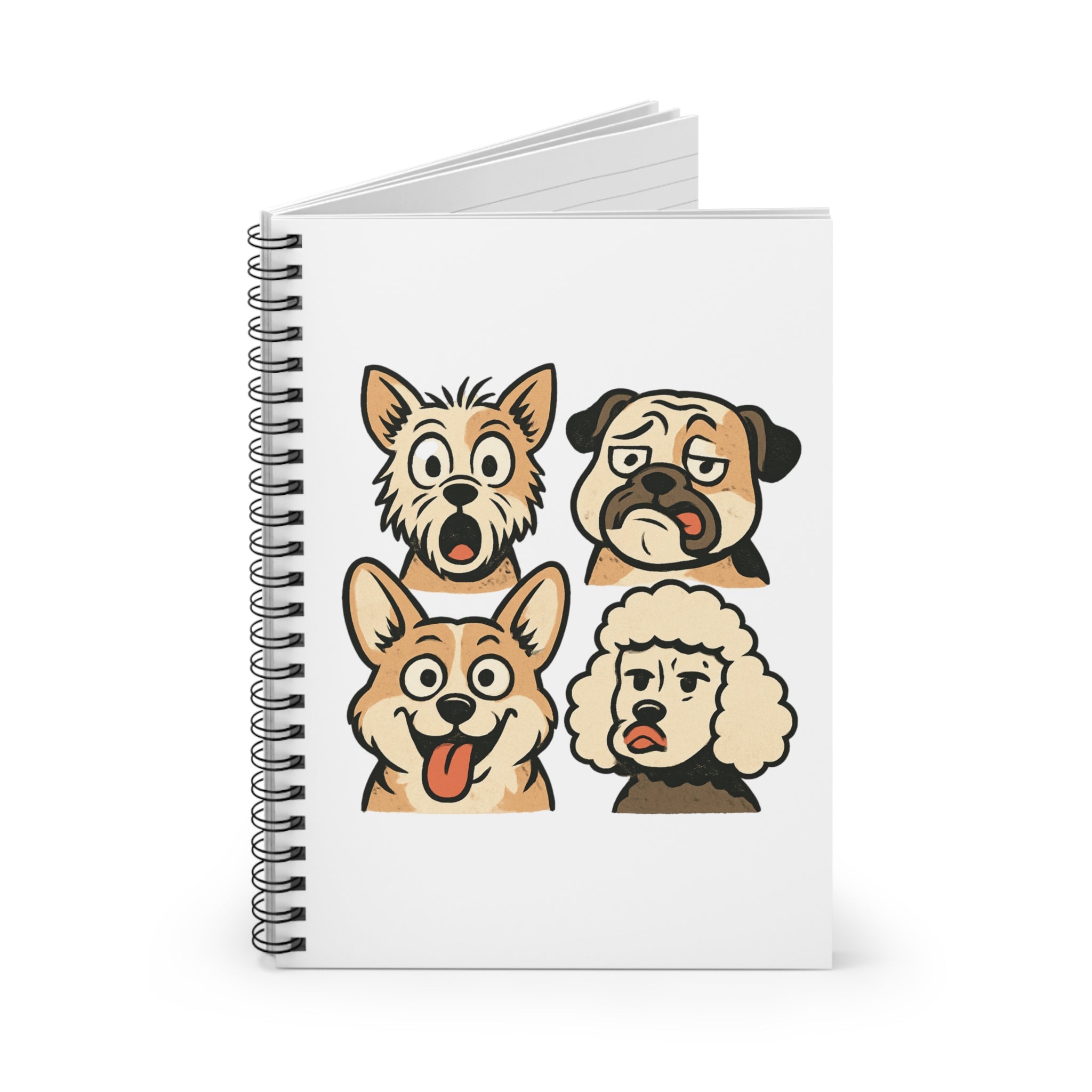 Dog Faces Spiral Notebook — Cute Cartoon Pug, Corgi, Poodle & Terrier Ruled Journal
