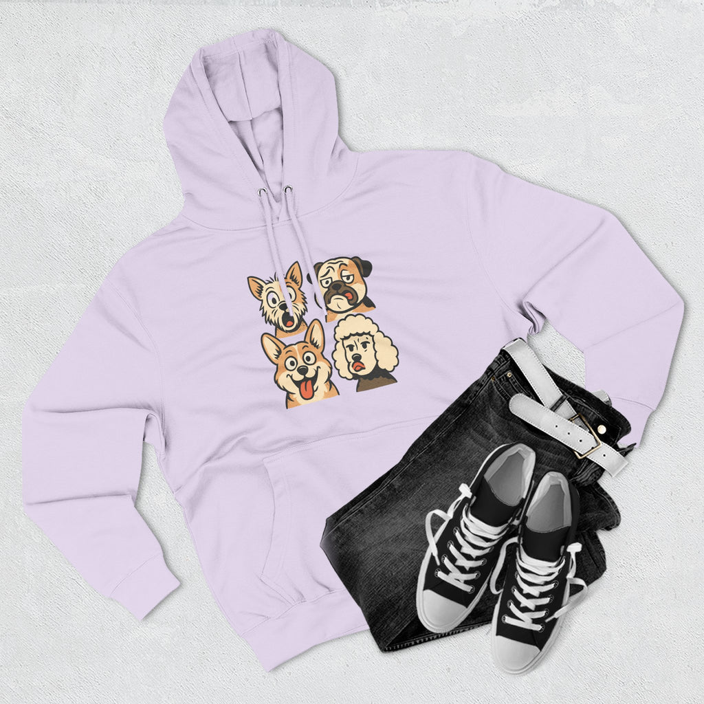 Dog Faces Fleece Hoodie - Cute Cartoon Canine Portraits Pullover