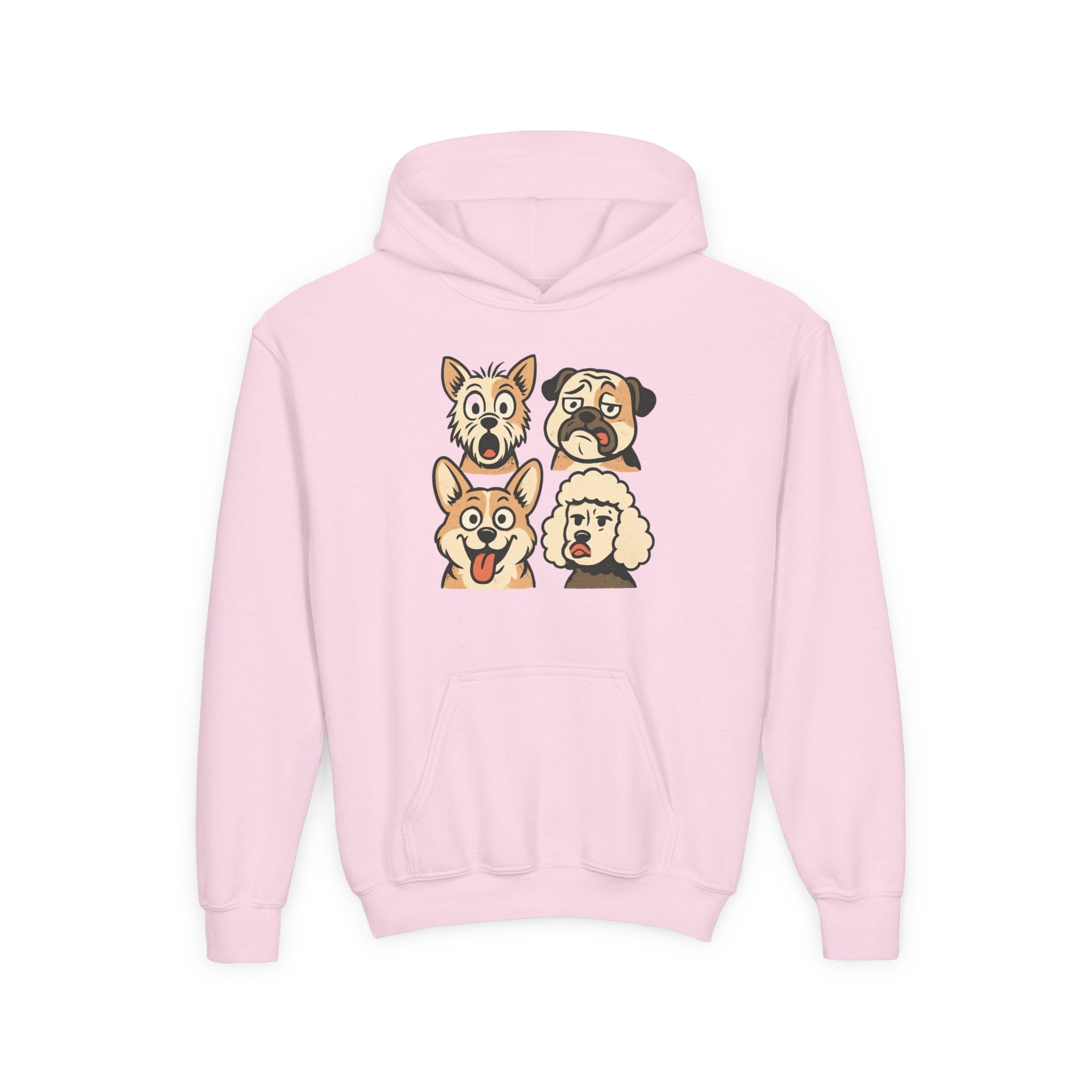 Youth Dog Faces Hoodie — Cute Cartoon Paw Print Pullover for Kids