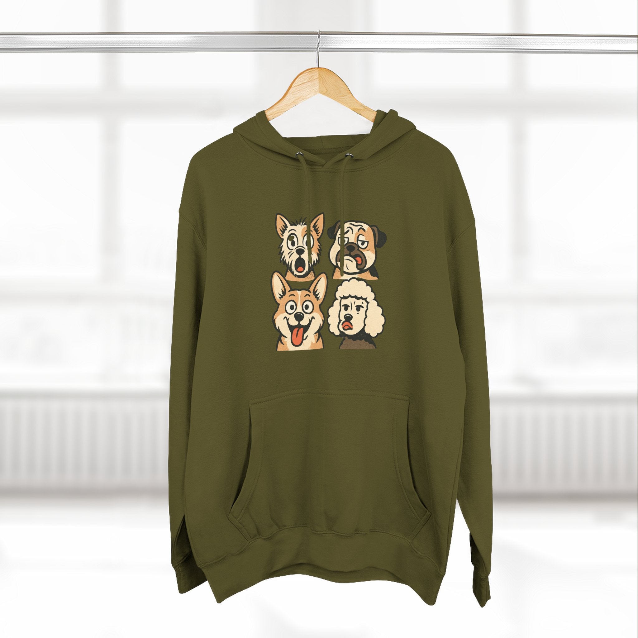 Dog Faces Fleece Hoodie - Cute Cartoon Canine Portraits Pullover