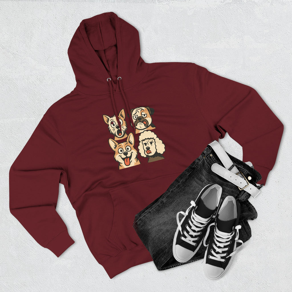 Dog Faces Fleece Hoodie - Cute Cartoon Canine Portraits Pullover