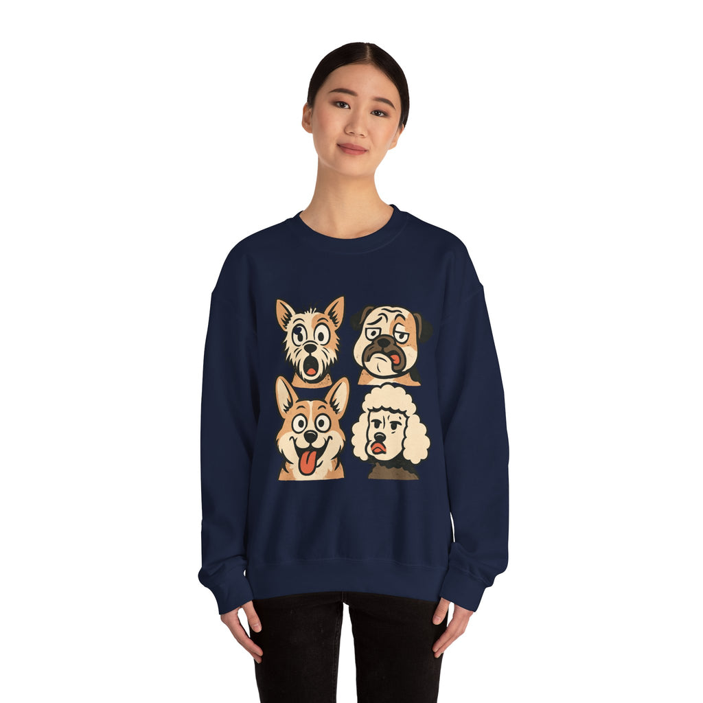 Dog Faces Crewneck Sweatshirt - Cute Cartoon Pug, Corgi & Poodle Graphic