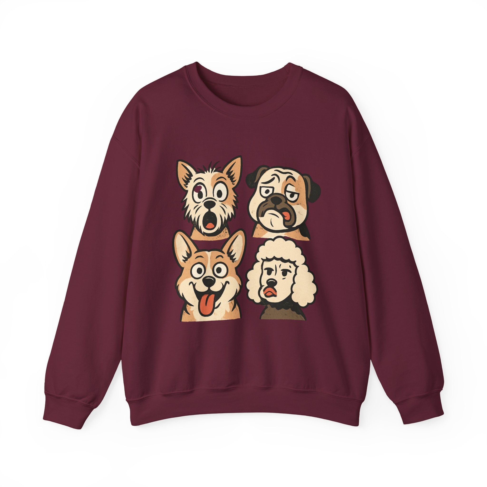 Dog Faces Crewneck Sweatshirt - Cute Cartoon Pug, Corgi & Poodle Graphic