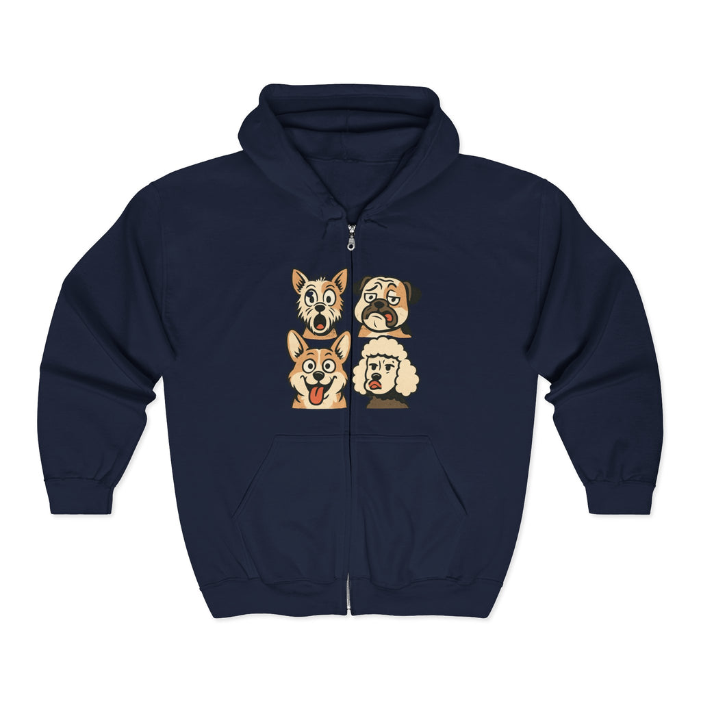 Cute Dog Faces Full-Zip Hoodie — Cartoon Husky, Pug, Corgi & Poodle Zip-Up Sweatshirt