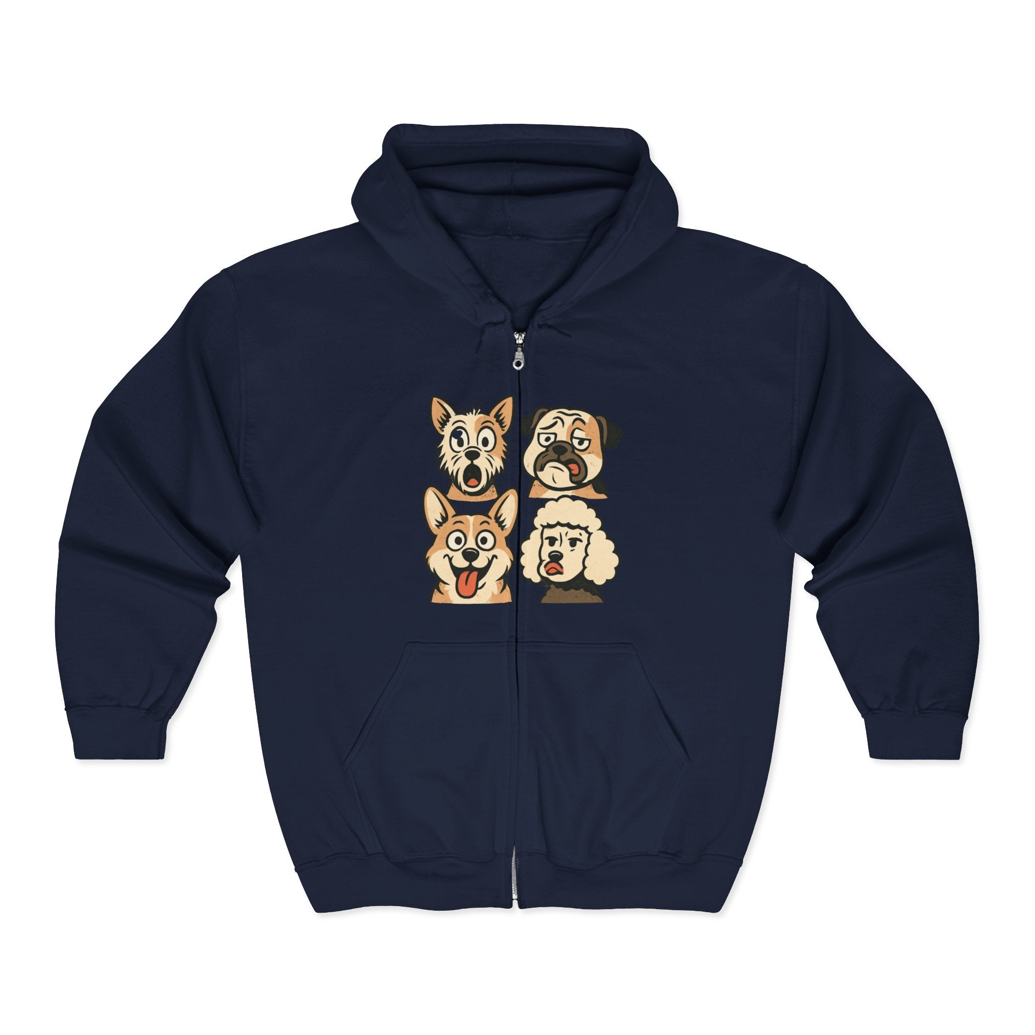 Cute Dog Faces Full-Zip Hoodie — Cartoon Husky, Pug, Corgi & Poodle Zip-Up Sweatshirt