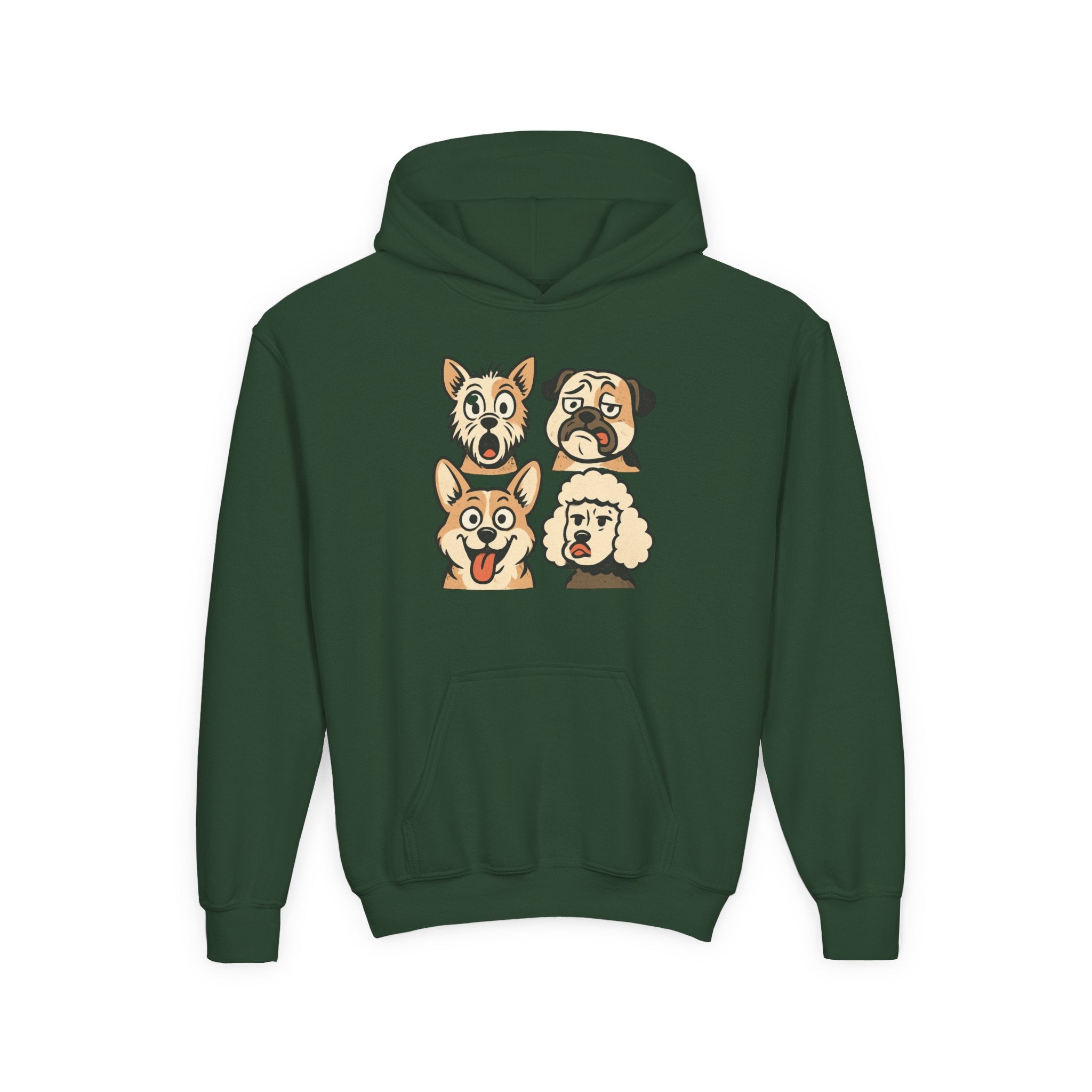 Youth Dog Faces Hoodie — Cute Cartoon Paw Print Pullover for Kids