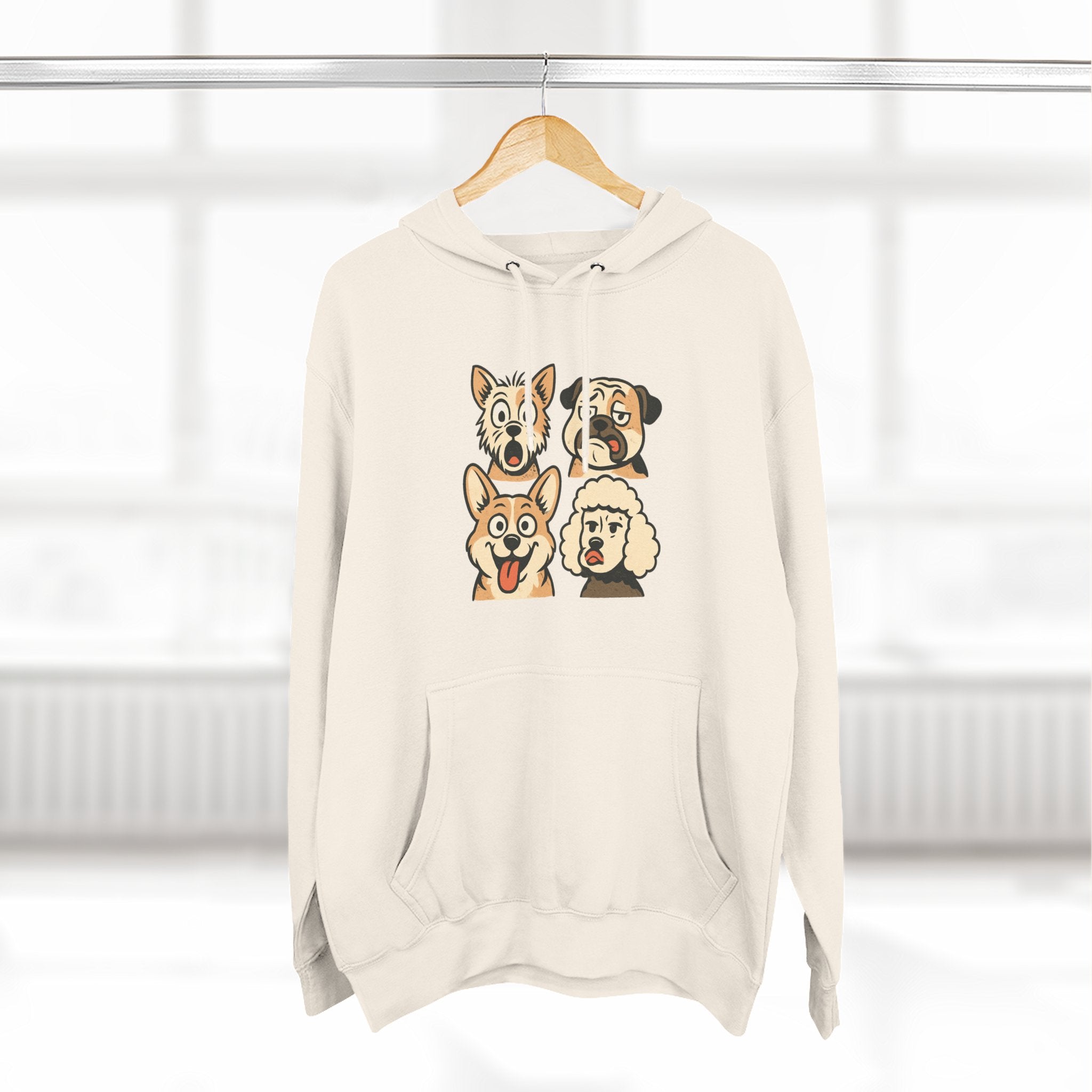 Dog Faces Fleece Hoodie - Cute Cartoon Canine Portraits Pullover