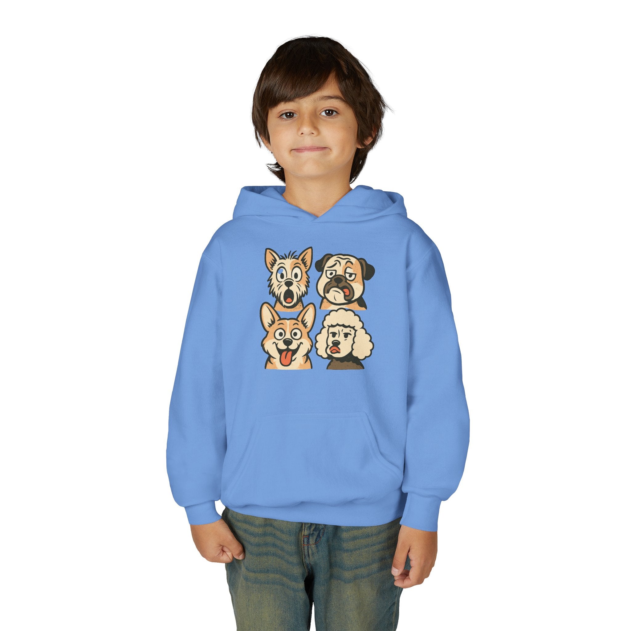 Youth Dog Faces Hoodie — Cute Cartoon Paw Print Pullover for Kids