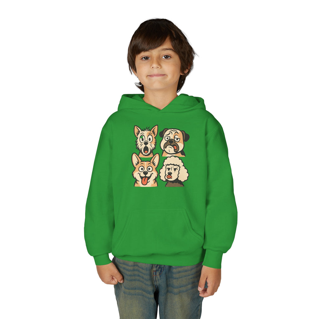 Youth Dog Faces Hoodie — Cute Cartoon Paw Print Pullover for Kids