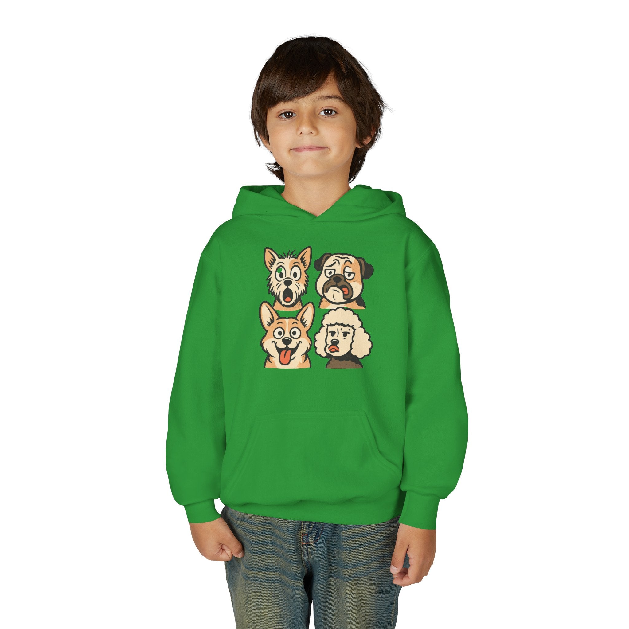 Youth Dog Faces Hoodie — Cute Cartoon Paw Print Pullover for Kids