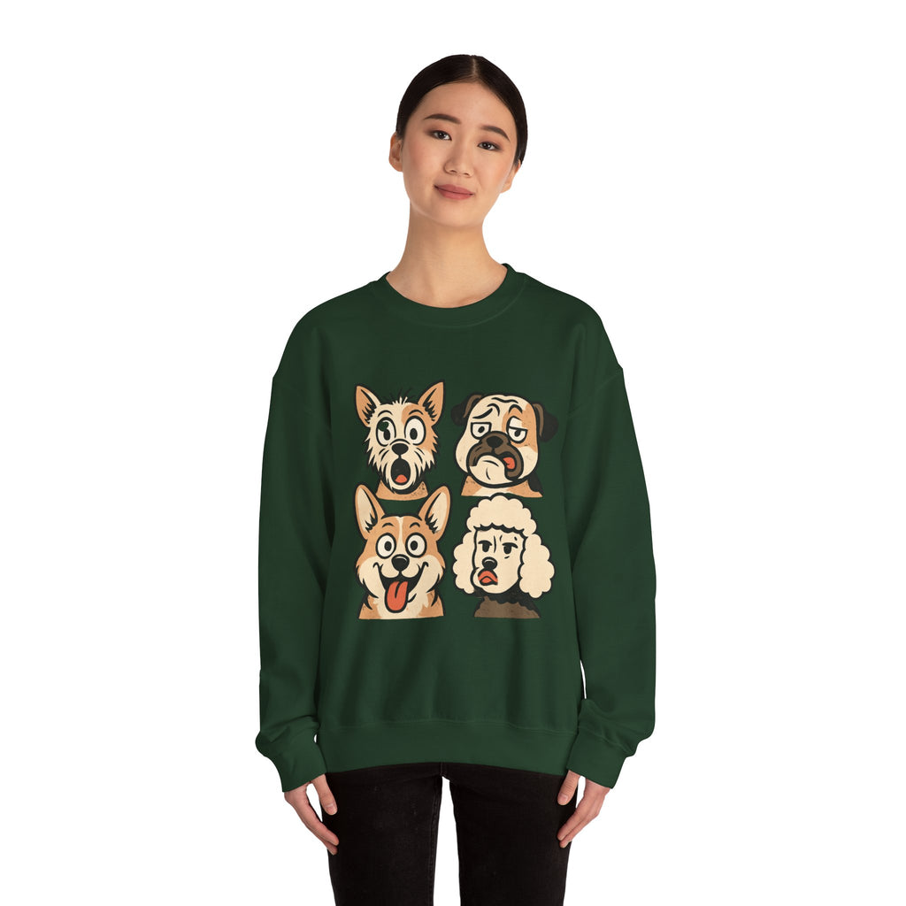 Dog Faces Crewneck Sweatshirt - Cute Cartoon Pug, Corgi & Poodle Graphic