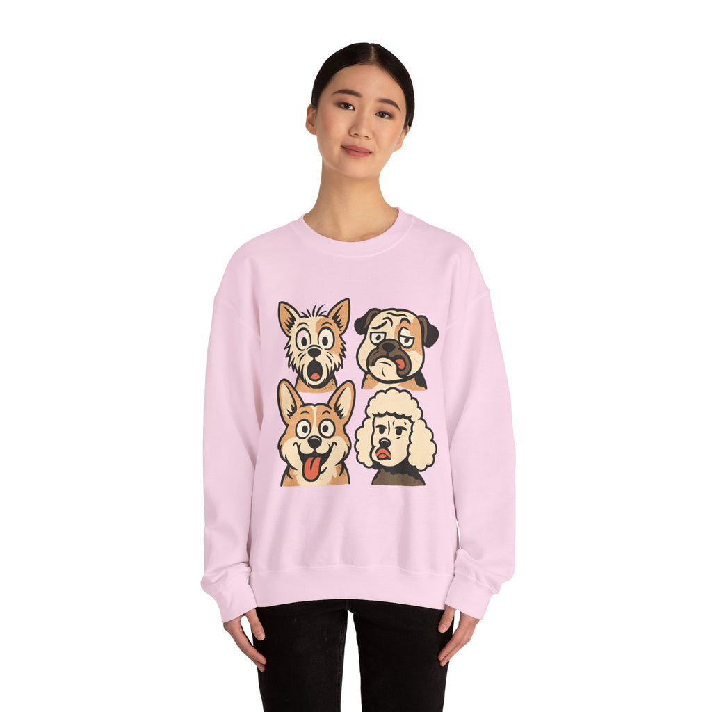 Dog Faces Crewneck Sweatshirt - Cute Cartoon Pug, Corgi & Poodle Graphic