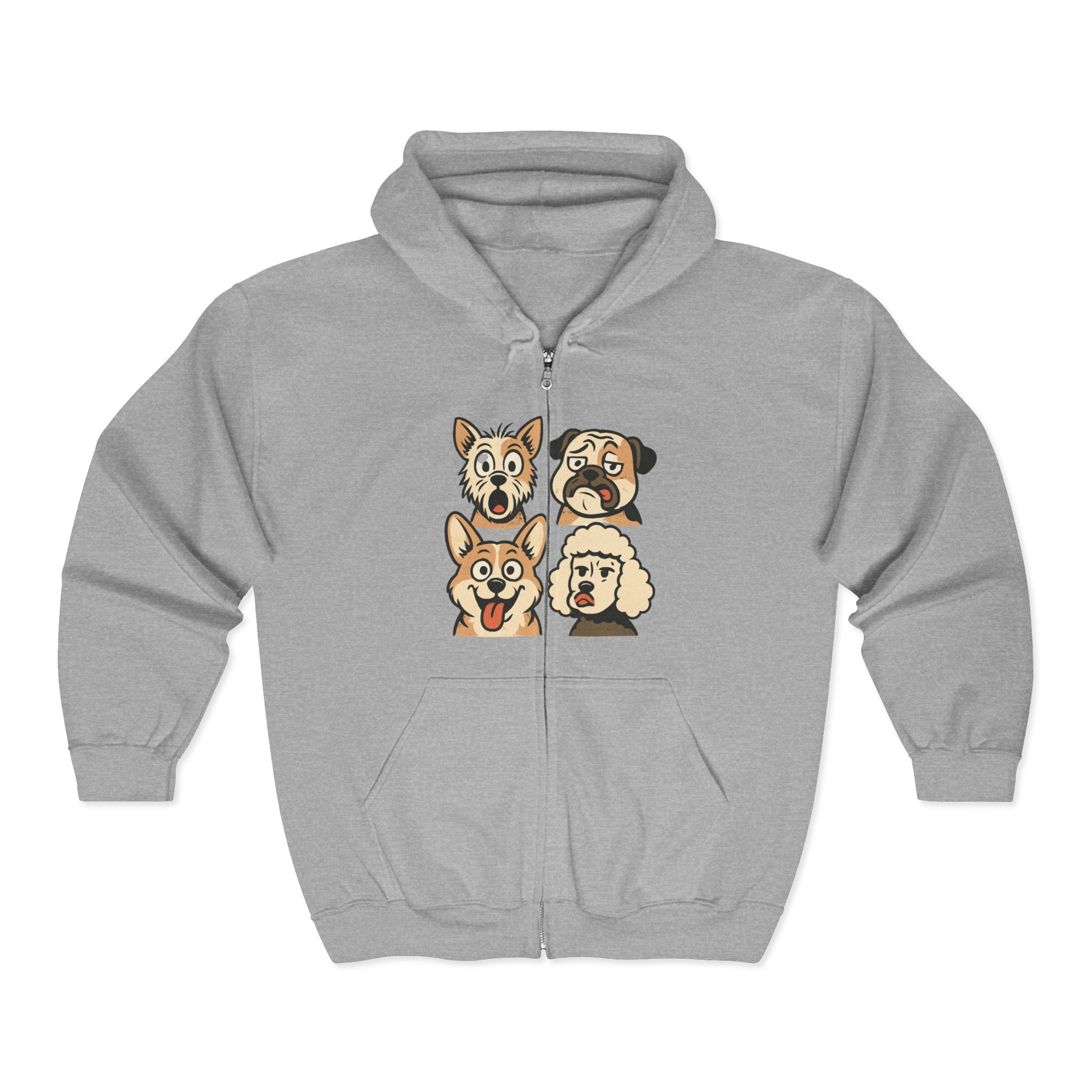 Cute Dog Faces Full-Zip Hoodie — Cartoon Husky, Pug, Corgi & Poodle Zip-Up Sweatshirt