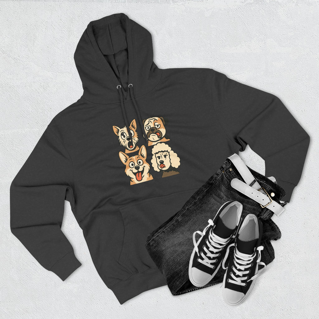 Dog Faces Fleece Hoodie - Cute Cartoon Canine Portraits Pullover