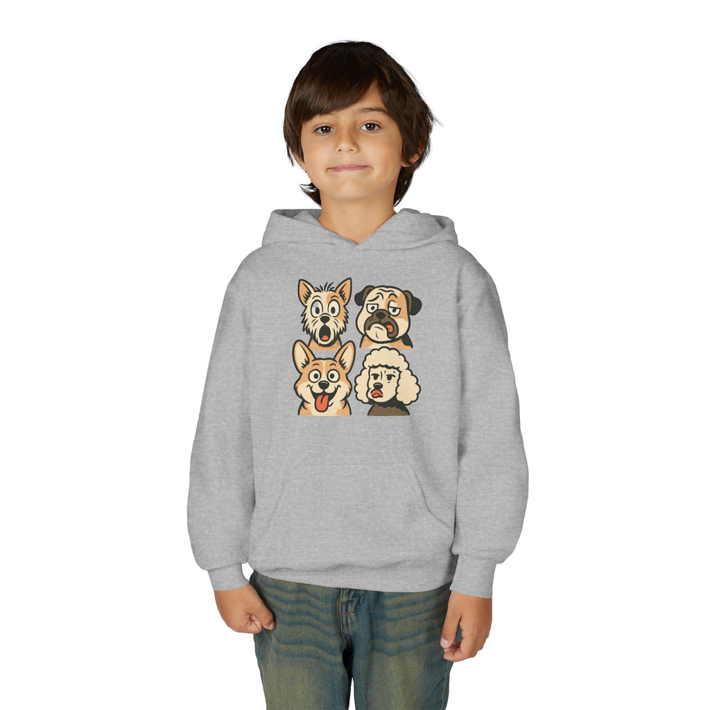 Youth Dog Faces Hoodie — Cute Cartoon Paw Print Pullover for Kids