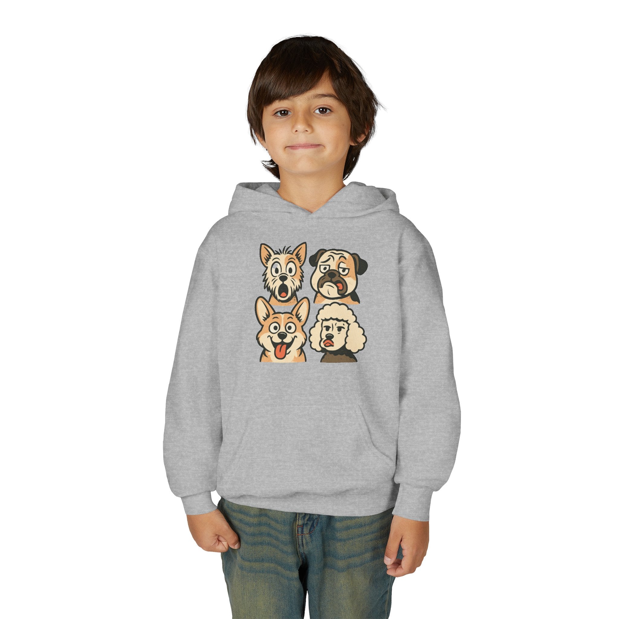 Youth Dog Faces Hoodie — Cute Cartoon Paw Print Pullover for Kids