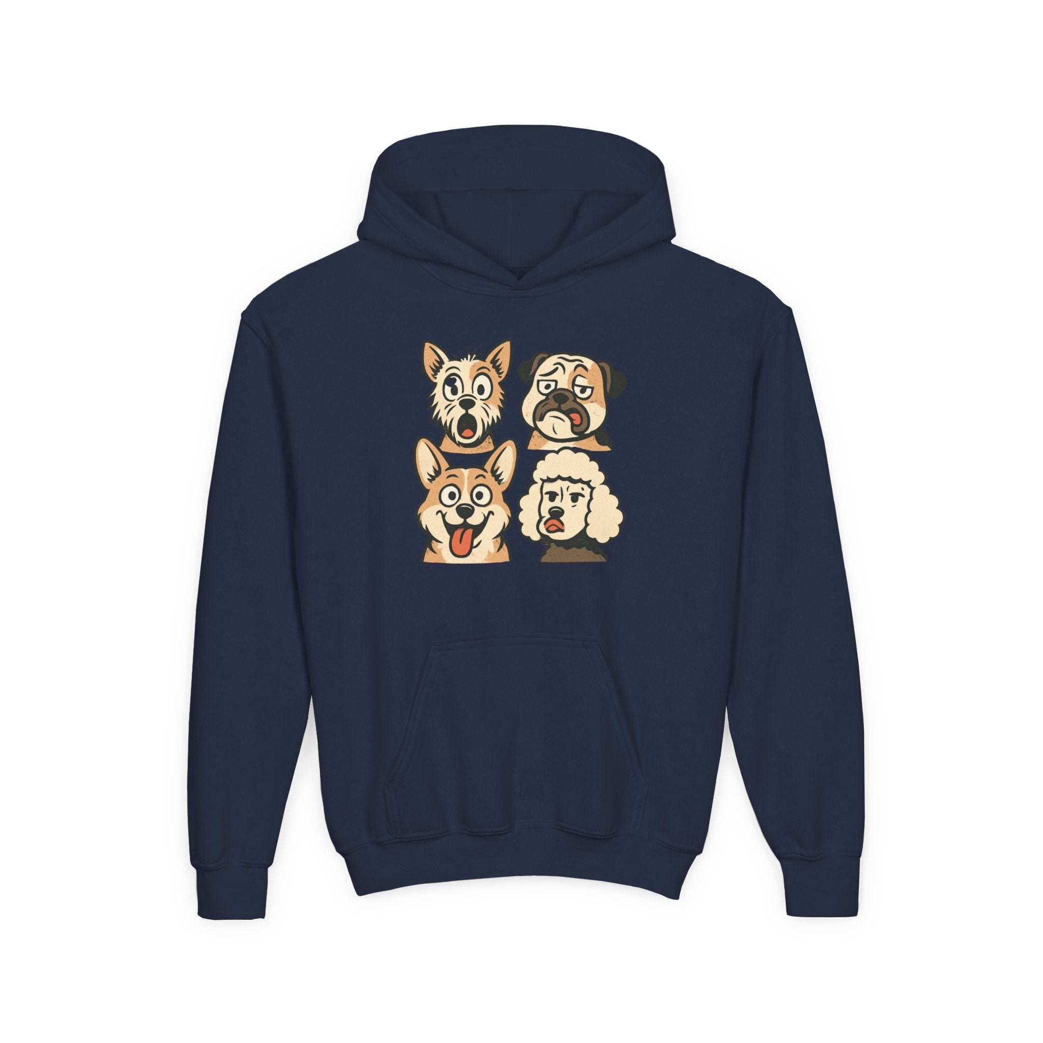 Youth Dog Faces Hoodie — Cute Cartoon Paw Print Pullover for Kids