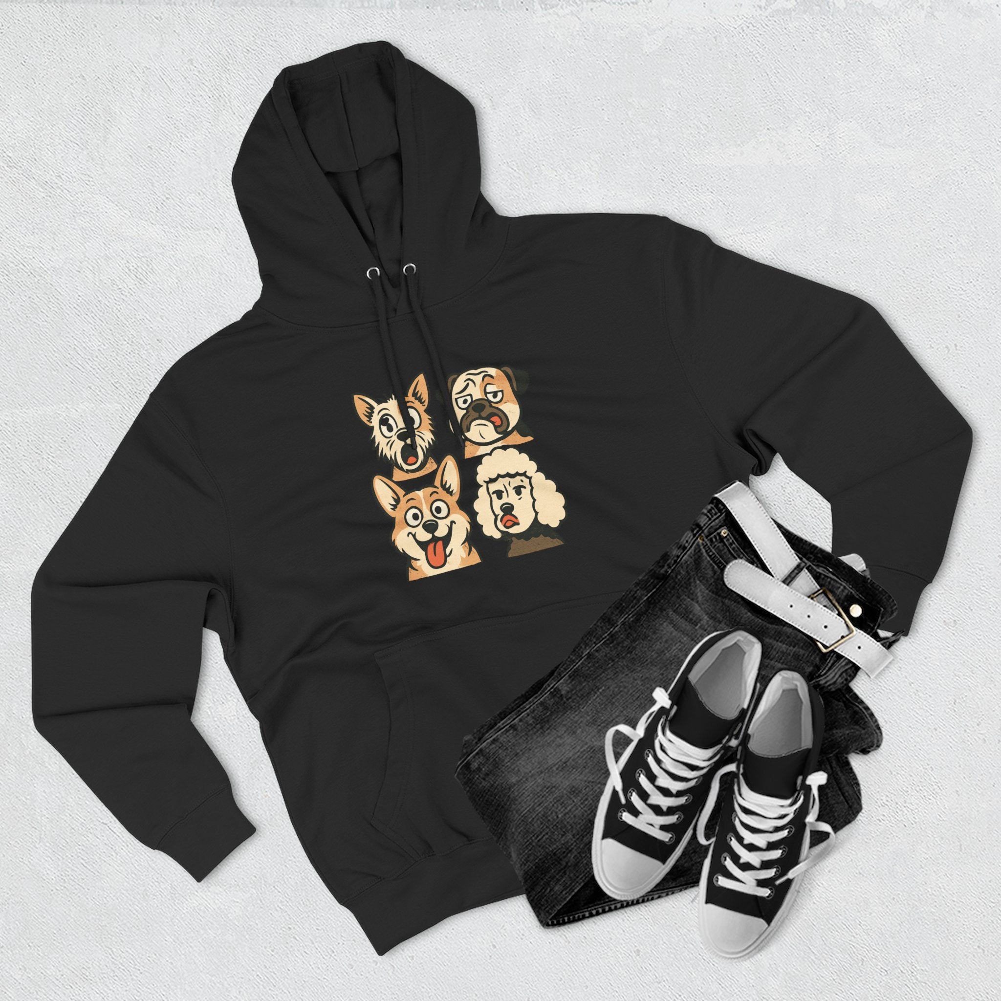 Dog Faces Fleece Hoodie - Cute Cartoon Canine Portraits Pullover