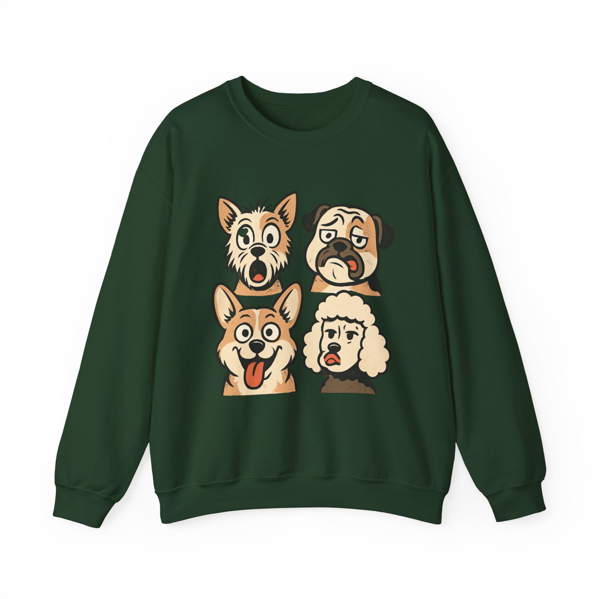 Dog Faces Crewneck Sweatshirt - Cute Cartoon Pug, Corgi & Poodle Graphic